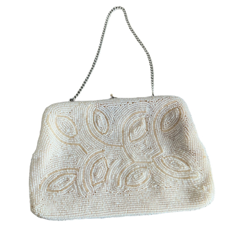 Vintage 50’s Sharonee like Beaded Purse Made in Japan Beige Beads Weave Swirl. - Picture 1 of 8